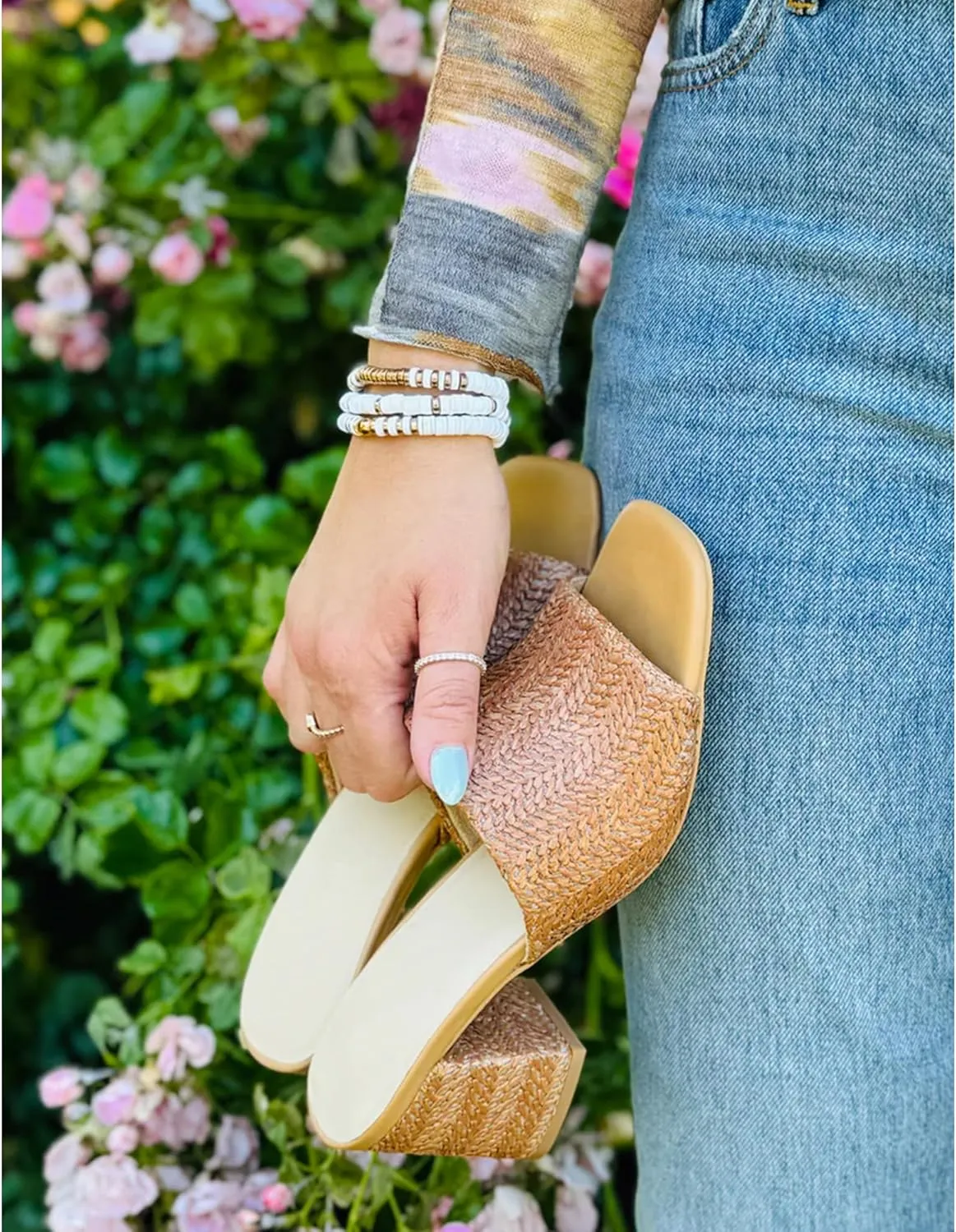 Ancomafio Heeled Sandals for Women，Raffia Sandals 2025 Chunky Heels Square Toe Mules Block Summer Shoes Slip On