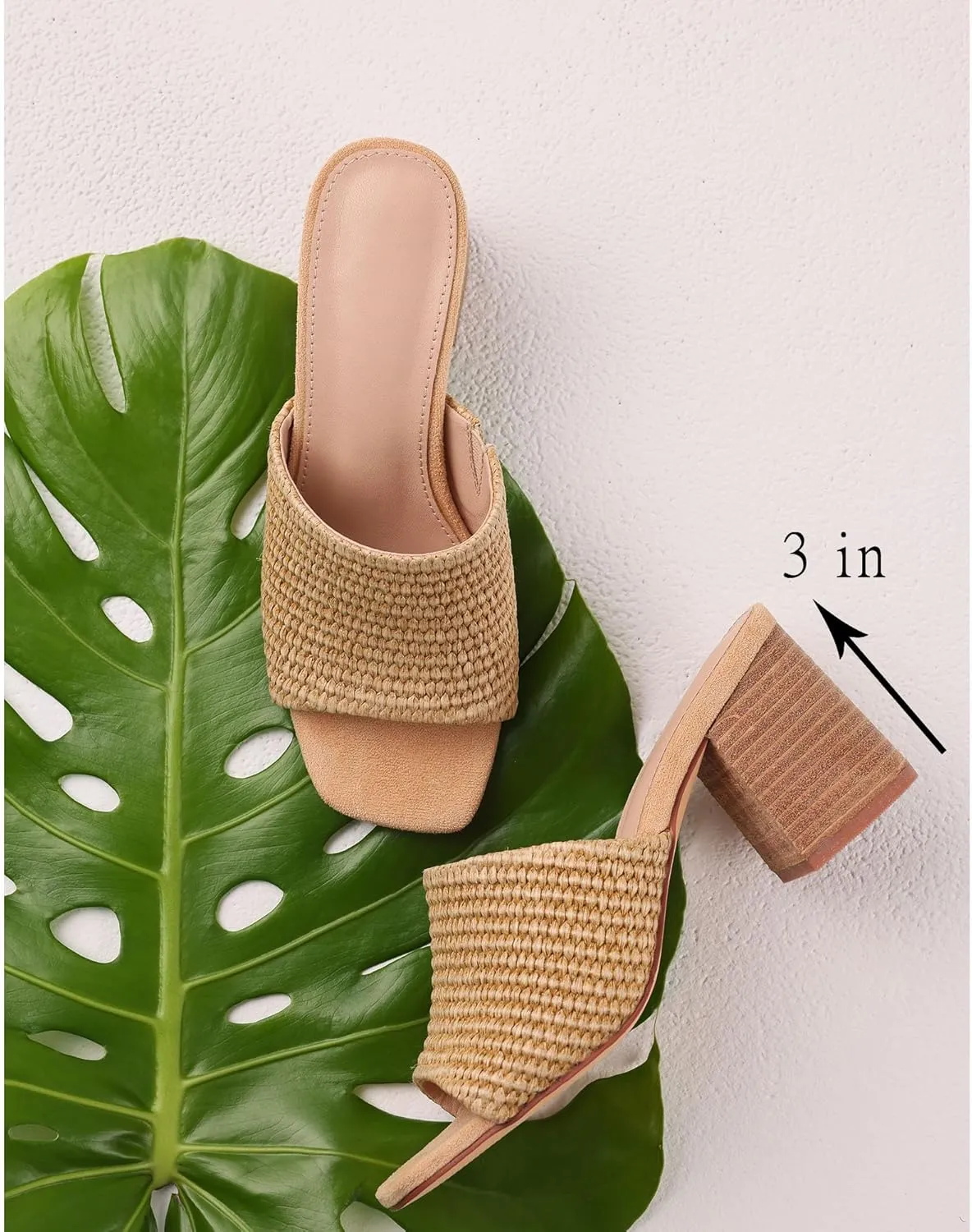 Ancomafio Heeled Sandals for Women，Raffia Sandals 2025 Chunky Heels Square Toe Mules Block Summer Shoes Slip On
