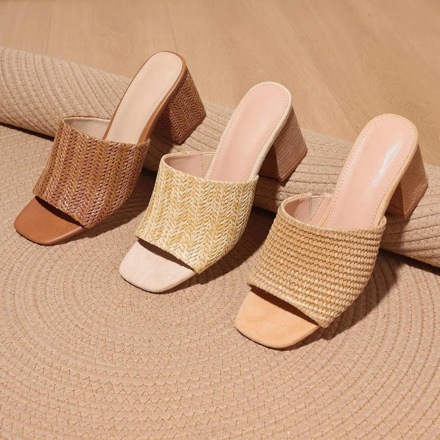 Ancomafio Heeled Sandals for Women，Raffia Sandals 2025 Chunky Heels Square Toe Mules Block Summer Shoes Slip On