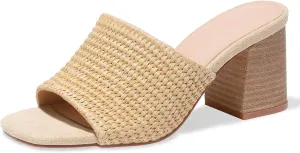 Ancomafio Heeled Sandals for Women，Raffia Sandals 2025 Chunky Heels Square Toe Mules Block Summer Shoes Slip On