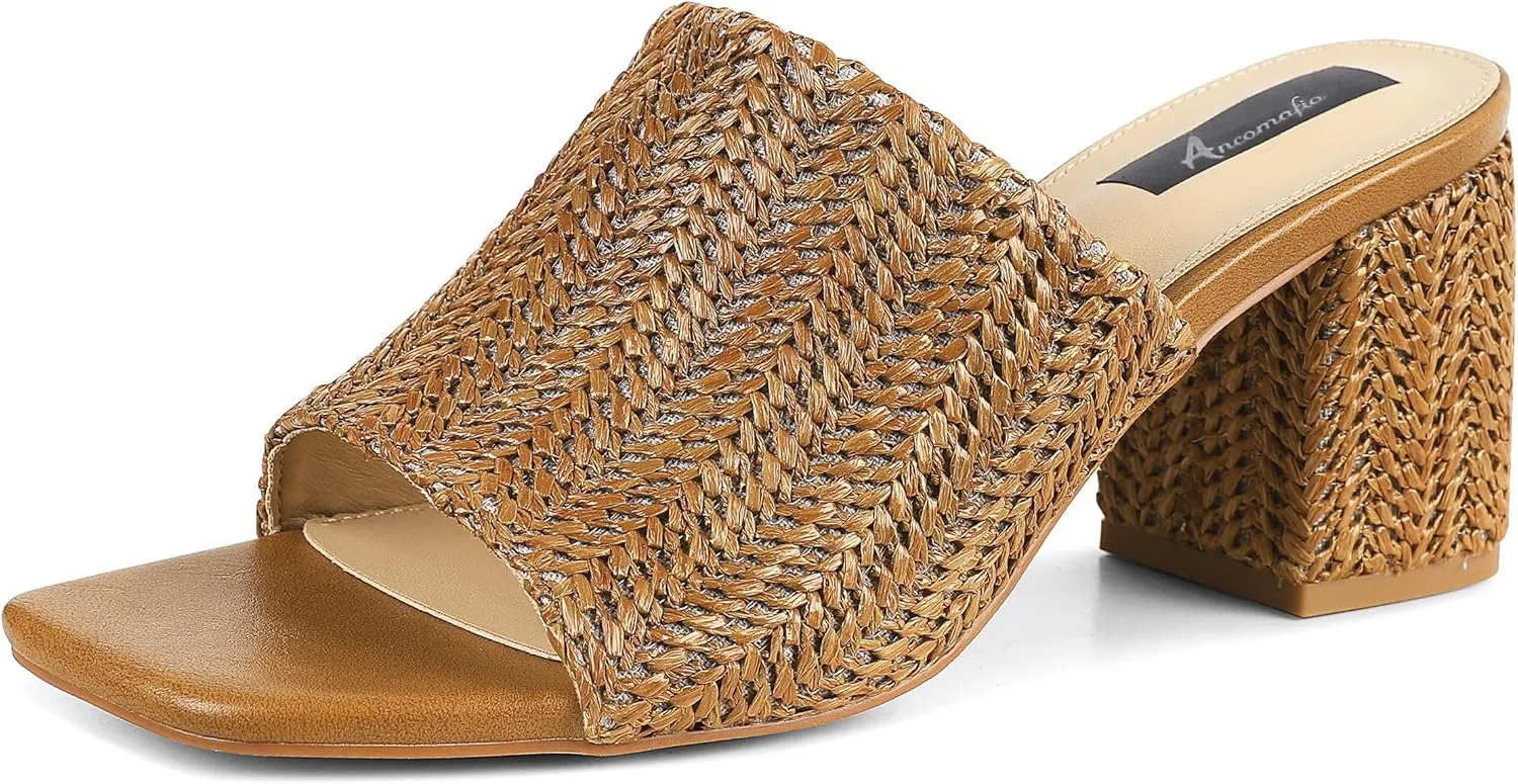 Ancomafio Heeled Sandals for Women，Raffia Sandals 2025 Chunky Heels Square Toe Mules Block Summer Shoes Slip On
