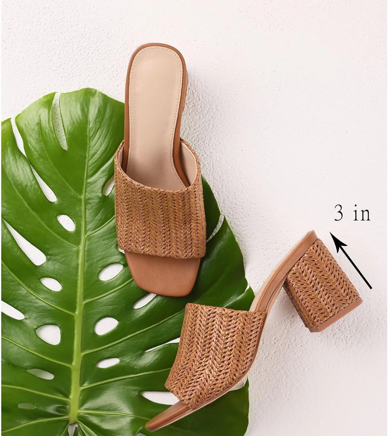 Ancomafio Heeled Sandals for Women，Raffia Sandals 2025 Chunky Heels Square Toe Mules Block Summer Shoes Slip On