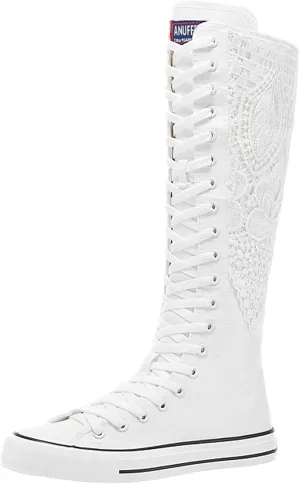 ANUFER Women Fashion Canvas Dance Boots Knee High Bicycling Boots Girls Fancy School Shoes