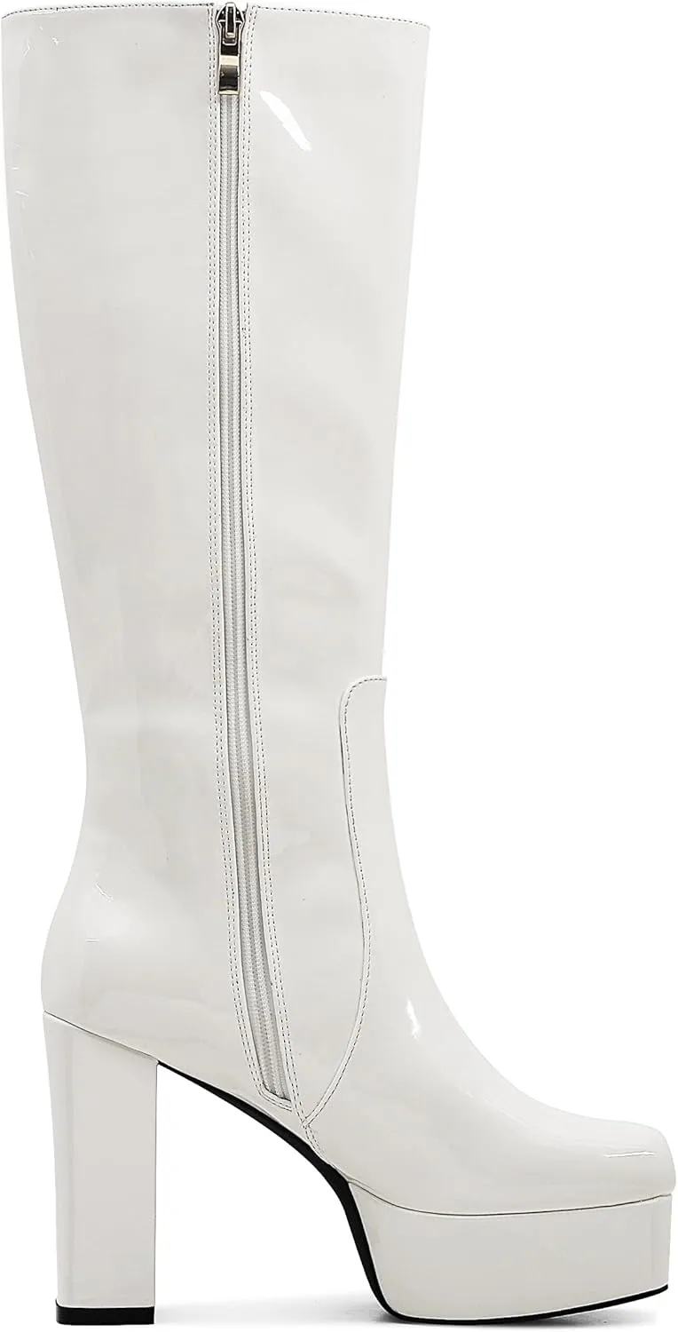 AOSPHIRAYLIAN Womens Knee High Boots Round Toe Side Zipper Chunky High Heel Go Go Platform Boots