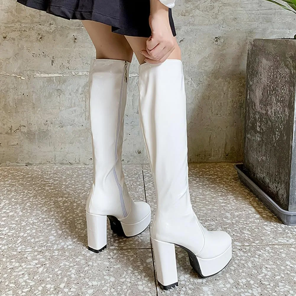 AOSPHIRAYLIAN Womens Knee High Boots Round Toe Side Zipper Chunky High Heel Go Go Platform Boots