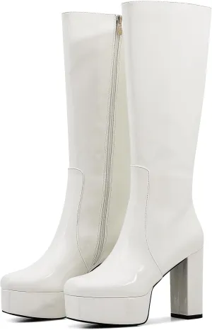 AOSPHIRAYLIAN Womens Knee High Boots Round Toe Side Zipper Chunky High Heel Go Go Platform Boots