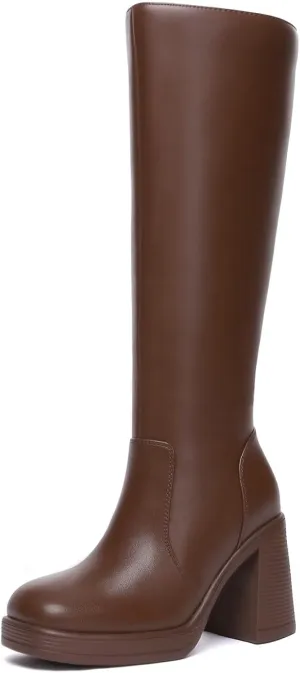 Athlefit Black Knee High Boots for Women Platform Tall Boots Fashion Square Toe Chunky Heeled Booties