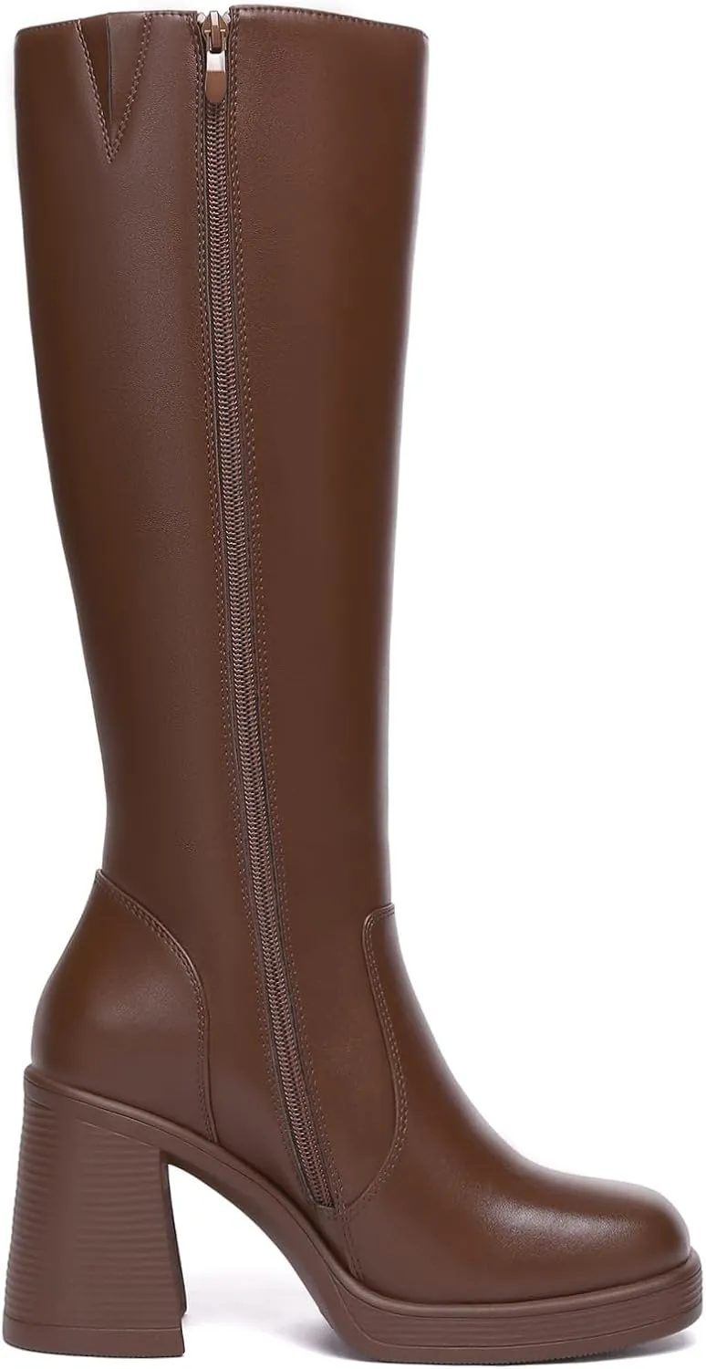 Athlefit Black Knee High Boots for Women Platform Tall Boots Fashion Square Toe Chunky Heeled Booties