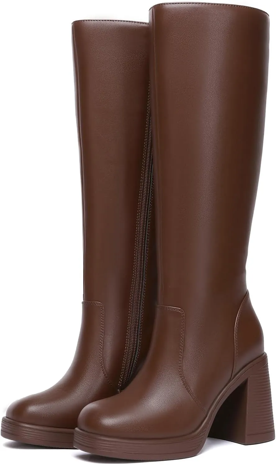 Athlefit Black Knee High Boots for Women Platform Tall Boots Fashion Square Toe Chunky Heeled Booties