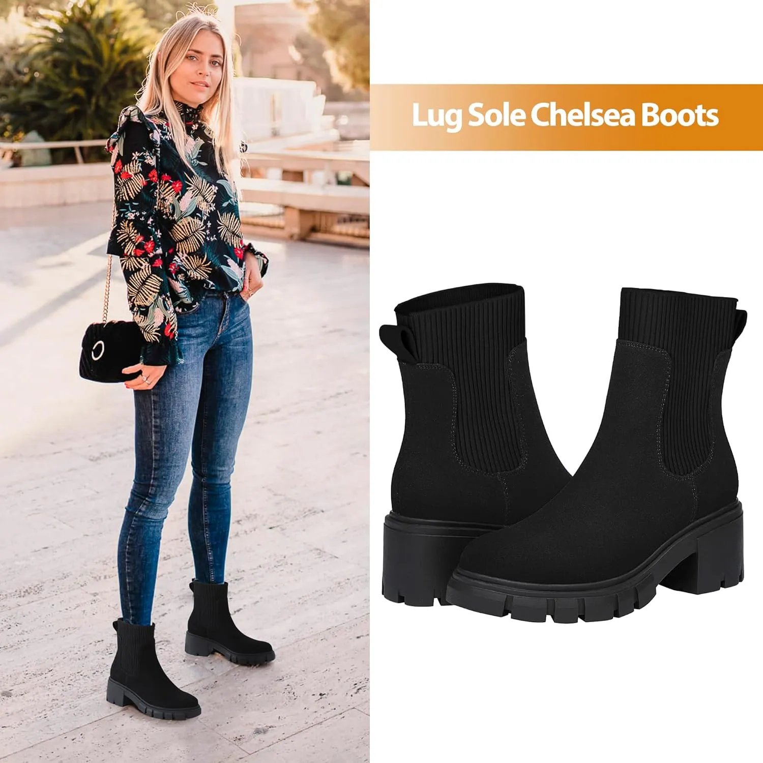 Athlefit Women's Chelsea Boots Fashion Slip on Platform Ankle Boots Lug Sole Chunky Booties