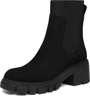 Athlefit Women's Chelsea Boots Fashion Slip on Platform Ankle Boots Lug Sole Chunky Booties