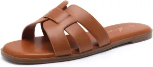 Athlefit Women's Flat Sandals Dressy Summer Square Open Toe Slip On Leather Slide Sandals