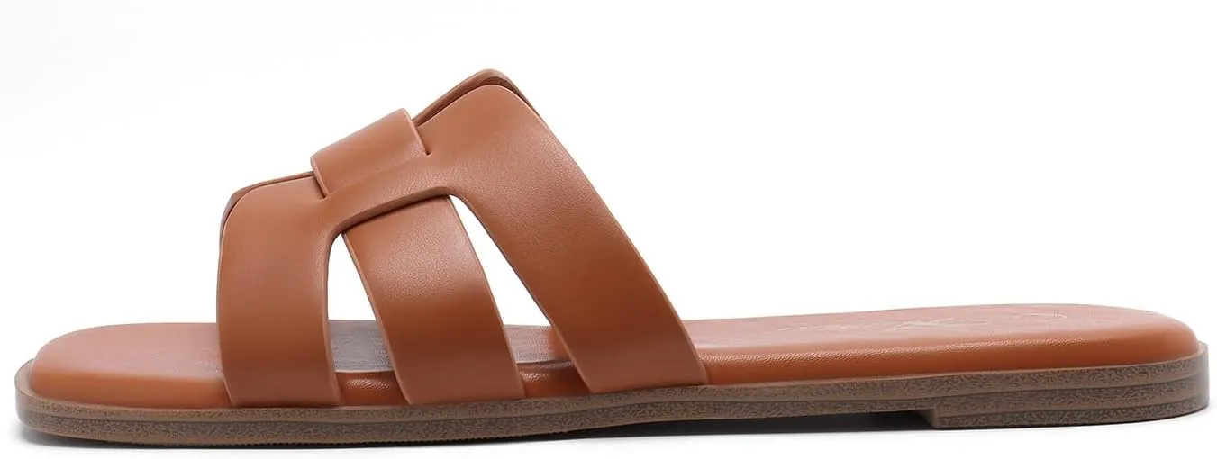 Athlefit Women's Flat Sandals Dressy Summer Square Open Toe Slip On Leather Slide Sandals