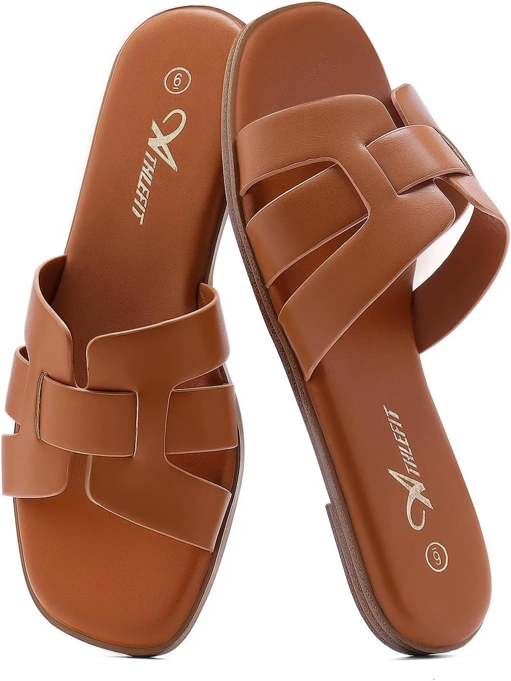 Athlefit Women's Flat Sandals Dressy Summer Square Open Toe Slip On Leather Slide Sandals