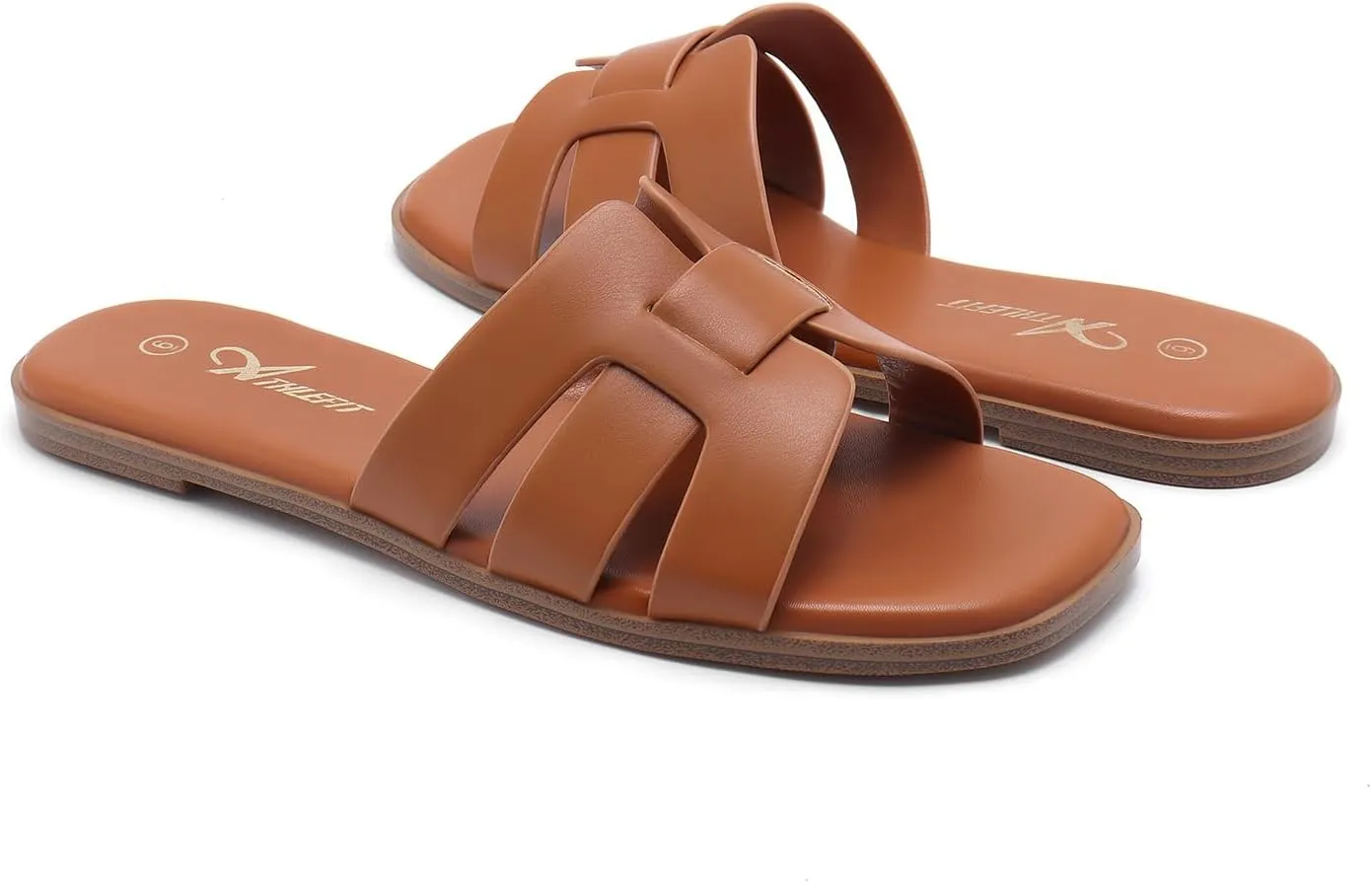 Athlefit Women's Flat Sandals Dressy Summer Square Open Toe Slip On Leather Slide Sandals