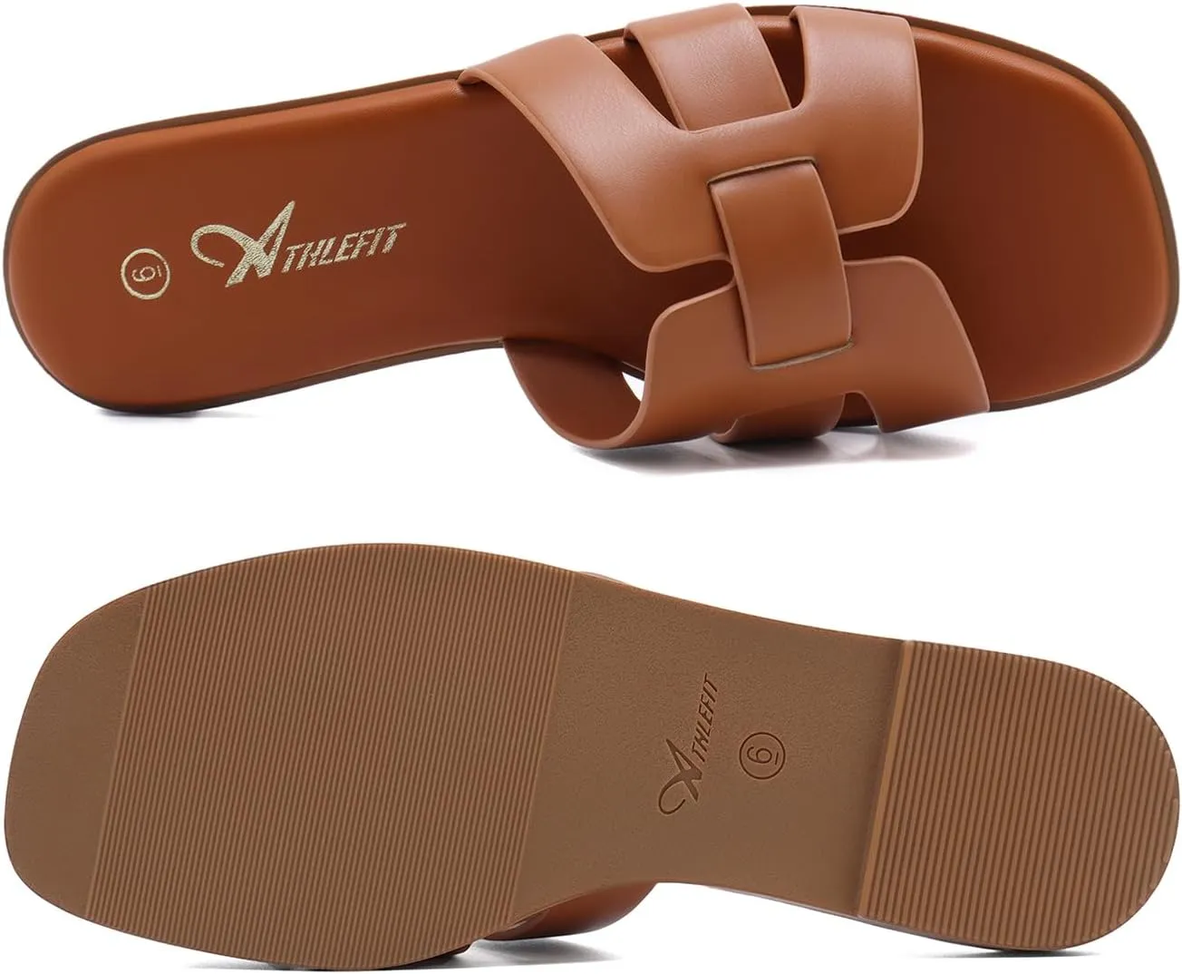Athlefit Women's Flat Sandals Dressy Summer Square Open Toe Slip On Leather Slide Sandals