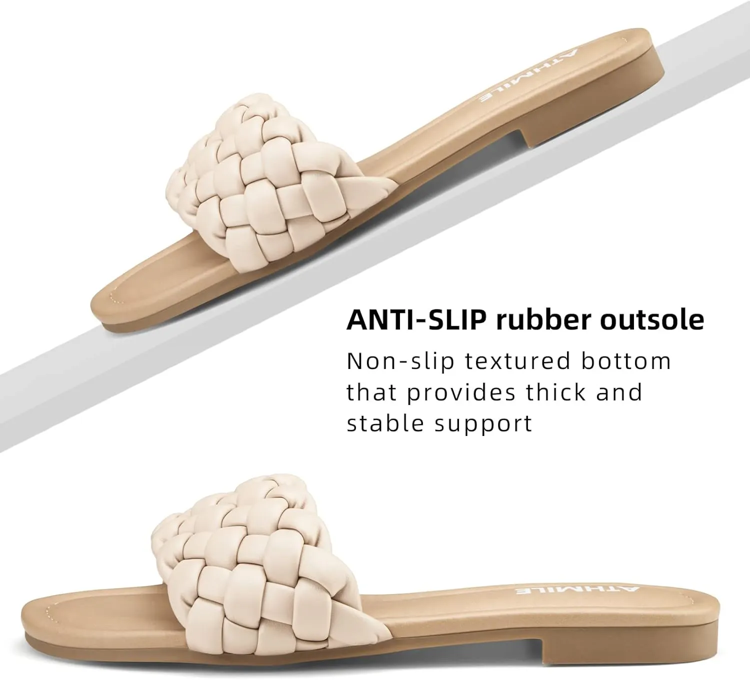 ATHMILE Braided Womens Sandals Round Open Toe Fashion Slide Sandals Women Dressy Summer Flat Beach Size 6-11