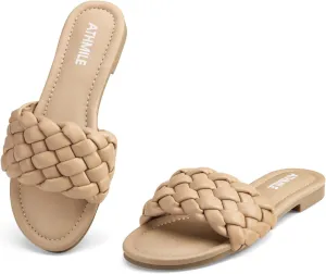 ATHMILE Braided Womens Sandals Round Open Toe Fashion Slide Sandals Women Dressy Summer Flat Beach Size 6-11