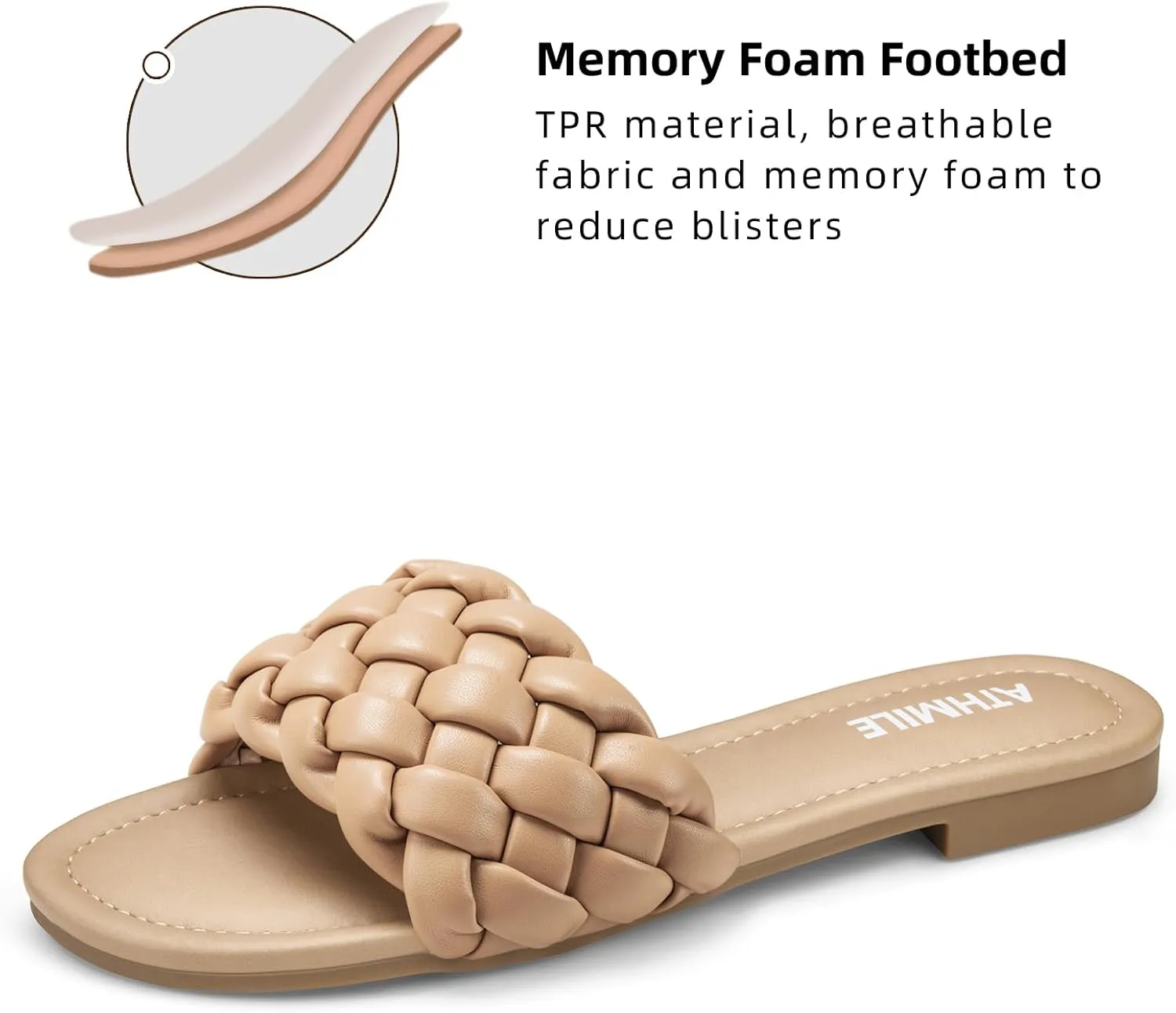 ATHMILE Braided Womens Sandals Round Open Toe Fashion Slide Sandals Women Dressy Summer Flat Beach Size 6-11