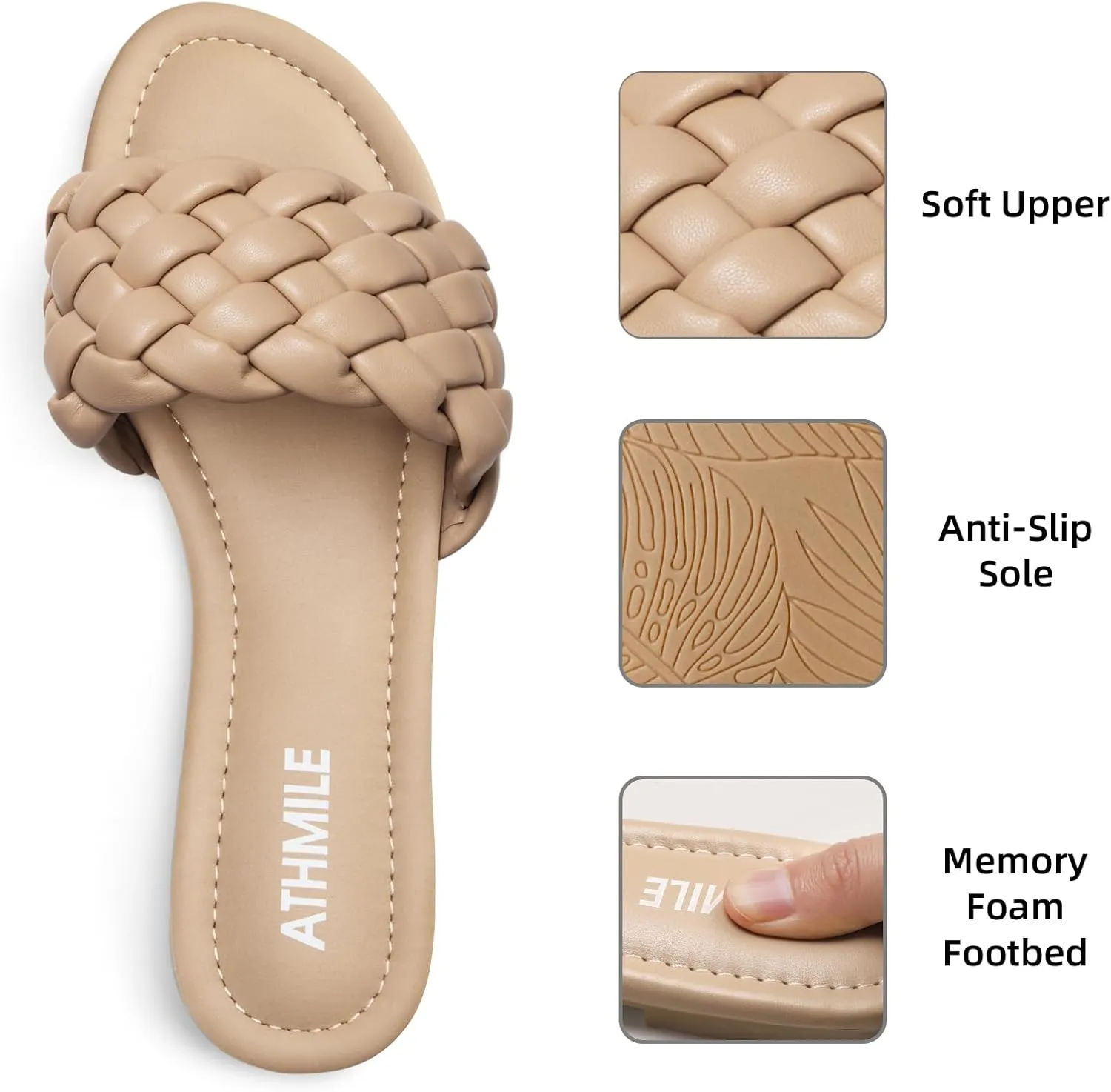 ATHMILE Braided Womens Sandals Round Open Toe Fashion Slide Sandals Women Dressy Summer Flat Beach Size 6-11
