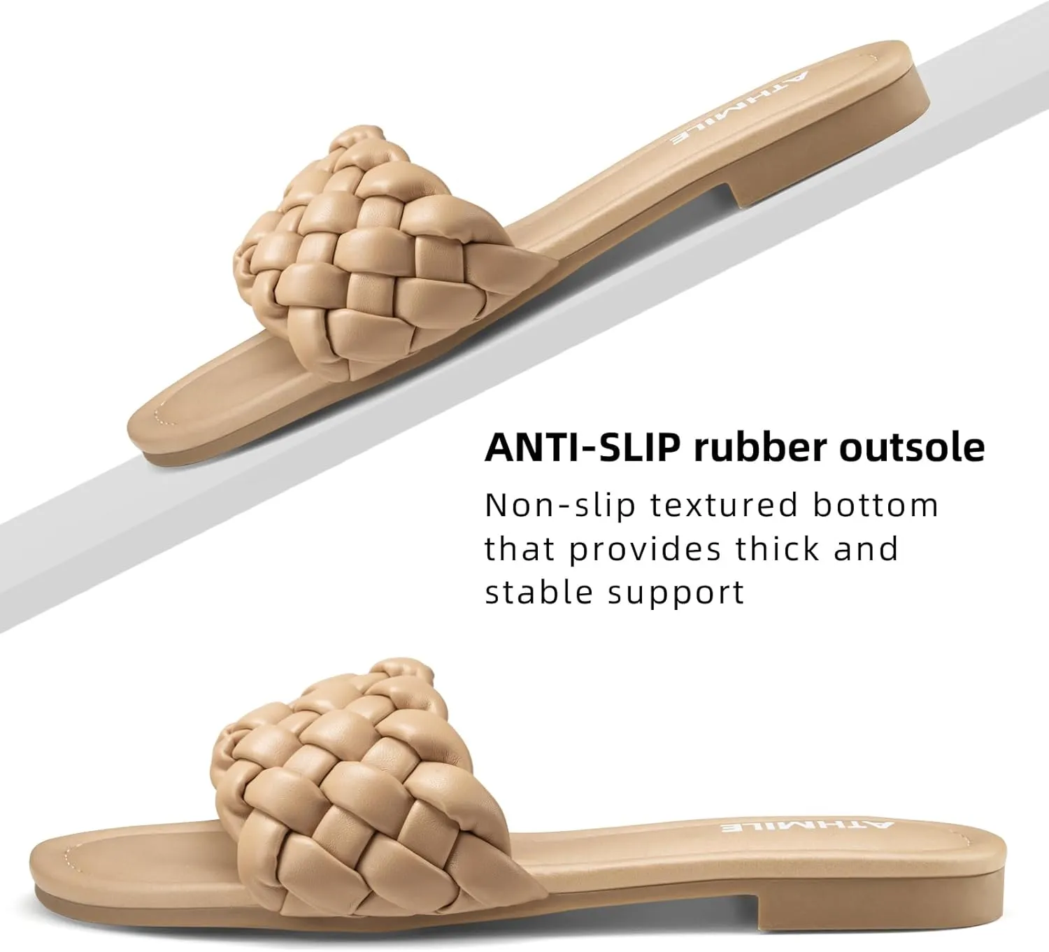 ATHMILE Braided Womens Sandals Round Open Toe Fashion Slide Sandals Women Dressy Summer Flat Beach Size 6-11