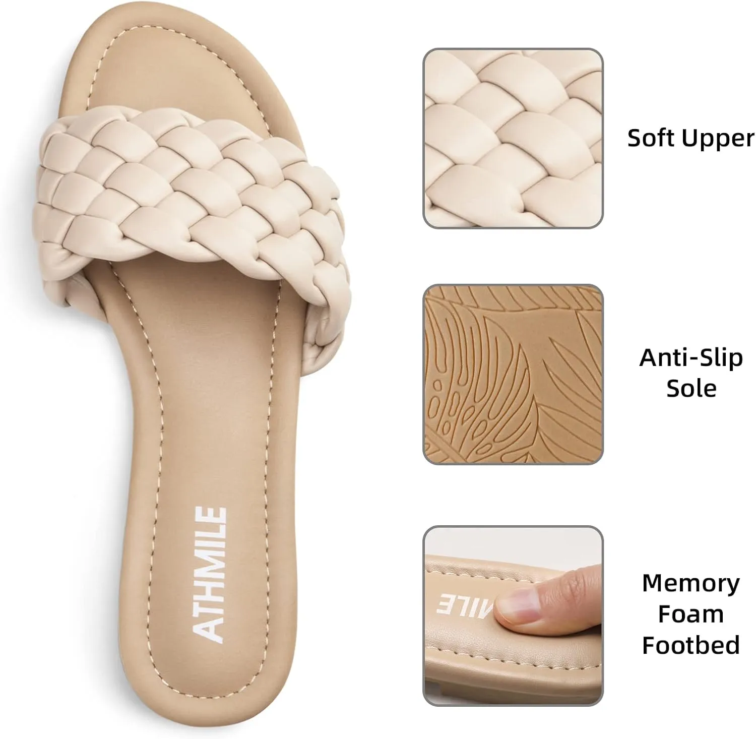 ATHMILE Braided Womens Sandals Round Open Toe Fashion Slide Sandals Women Dressy Summer Flat Beach Size 6-11