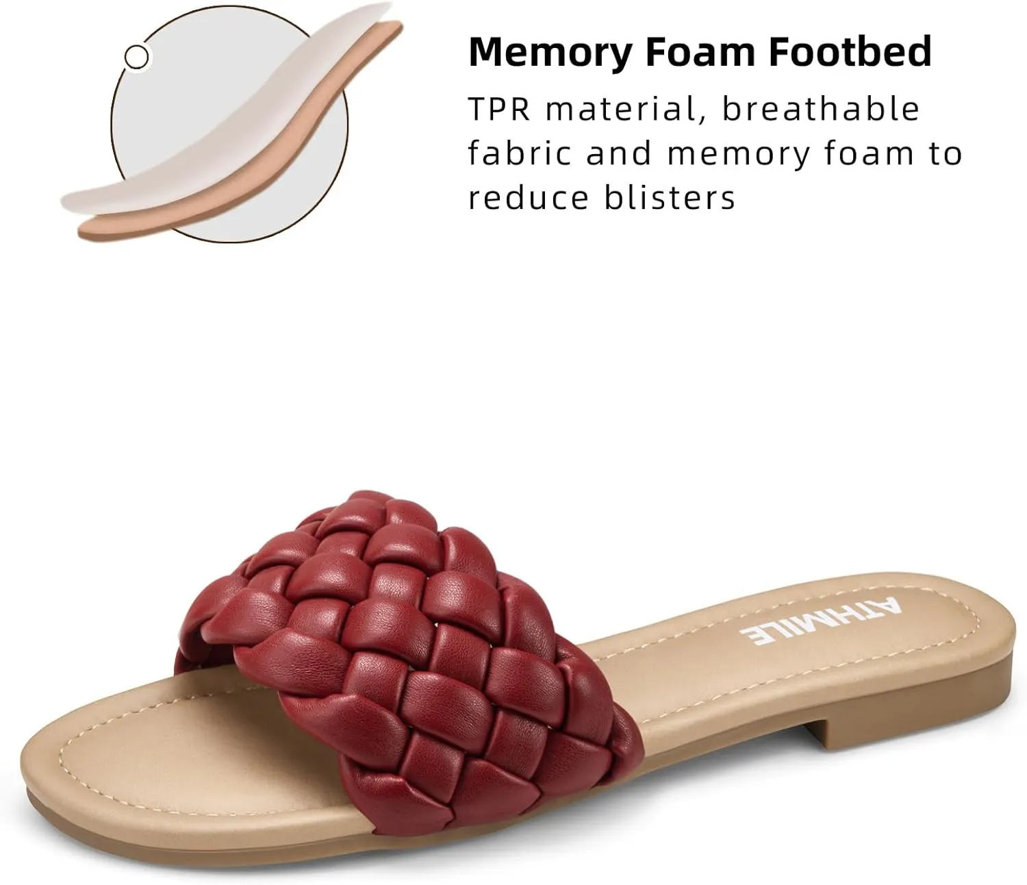 ATHMILE Braided Womens Sandals Round Open Toe Fashion Slide Sandals Women Dressy Summer Flat Beach Size 6-11