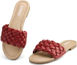 ATHMILE Braided Womens Sandals Round Open Toe Fashion Slide Sandals Women Dressy Summer Flat Beach Size 6-11