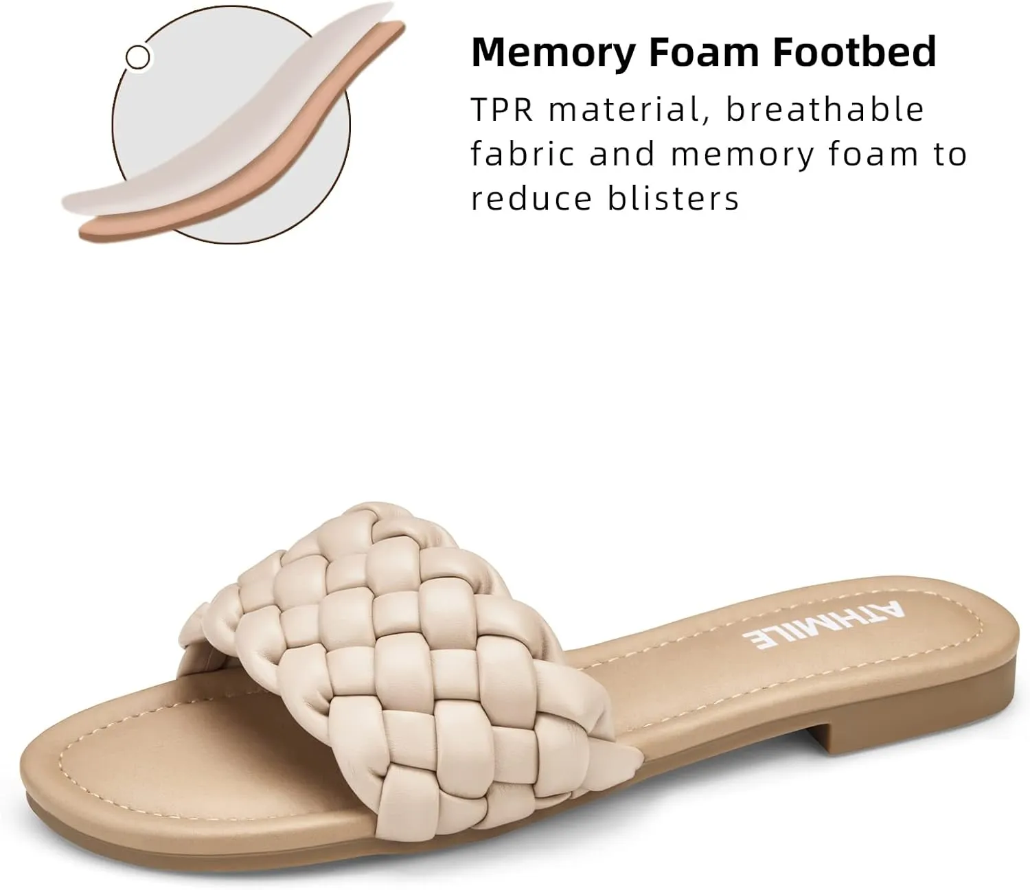 ATHMILE Braided Womens Sandals Round Open Toe Fashion Slide Sandals Women Dressy Summer Flat Beach Size 6-11