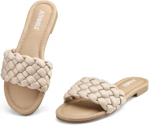 ATHMILE Braided Womens Sandals Round Open Toe Fashion Slide Sandals Women Dressy Summer Flat Beach Size 6-11
