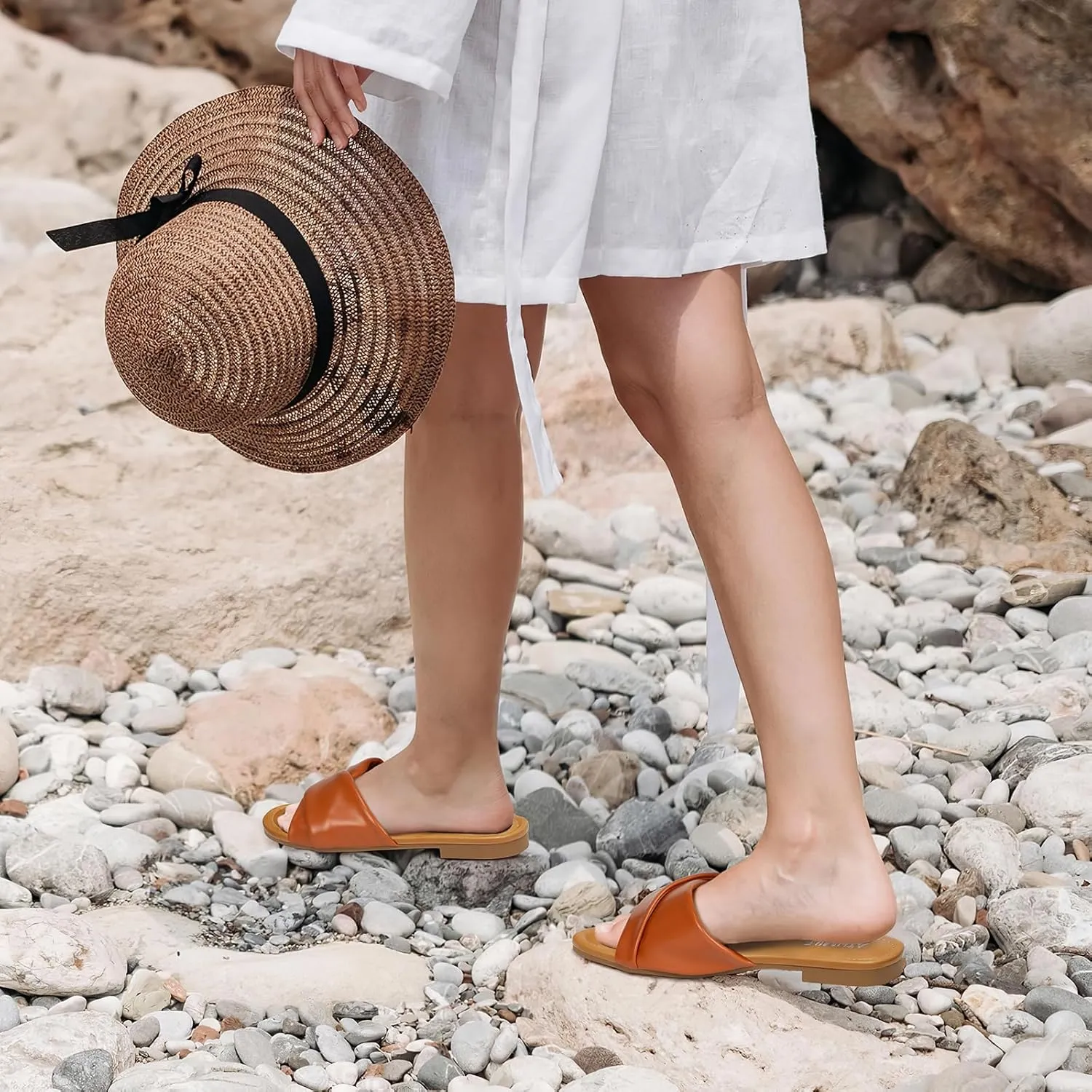 ATHMILE Sandals Women Dressy Summer Flat Comfortable Fashion Beach Cute Ladies Slides Leather Casual Dress Women's Sandals 2025 Size 6-11