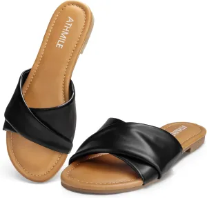 ATHMILE Sandals Women Dressy Summer Flat Comfortable Fashion Beach Cute Ladies Slides Leather Casual Dress Women's Sandals 2025 Size 6-11