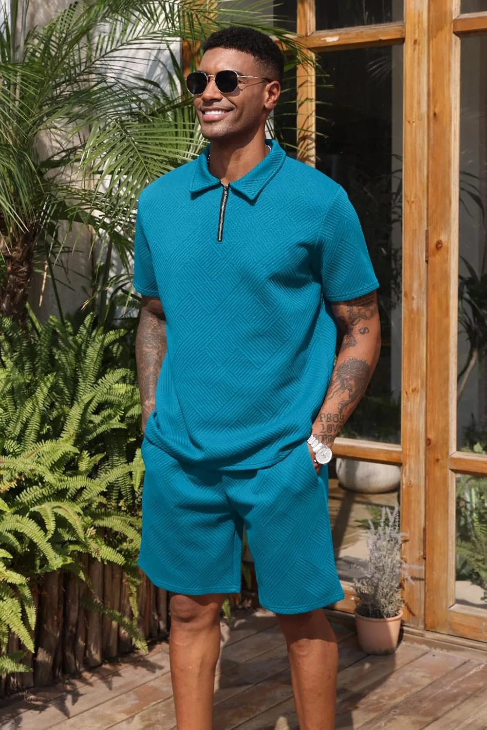 Aulemen Mens 2 Piece Zip Tracksuit Short Sleeve Print Polo Shirt and Shorts Sets Summer Outfits for Men