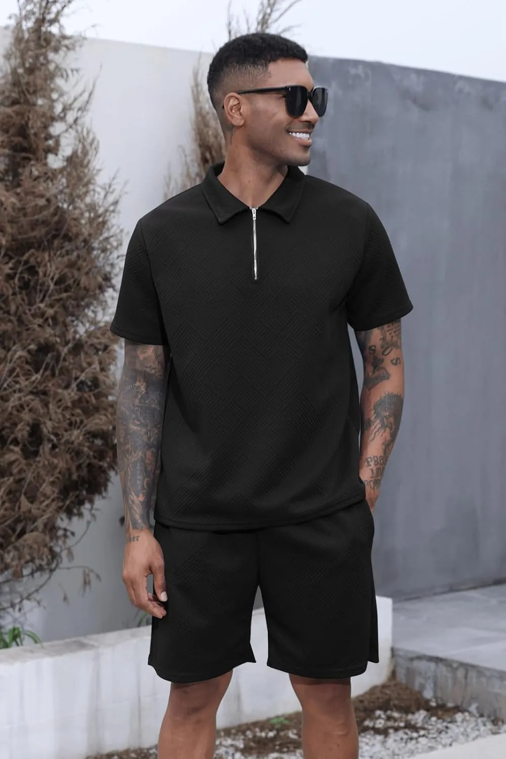 Aulemen Mens 2 Piece Zip Tracksuit Short Sleeve Print Polo Shirt and Shorts Sets Summer Outfits for Men
