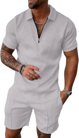 Aulemen Mens 2 Piece Zip Tracksuit Short Sleeve Print Polo Shirt and Shorts Sets Summer Outfits for Men