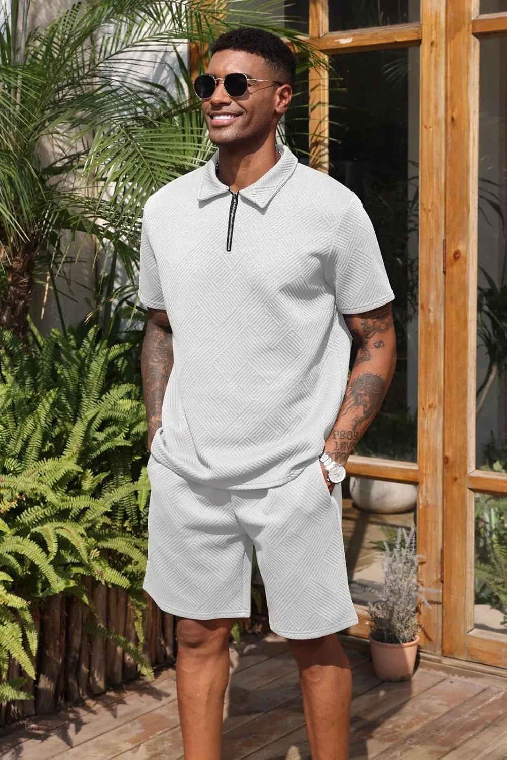 Aulemen Mens 2 Piece Zip Tracksuit Short Sleeve Print Polo Shirt and Shorts Sets Summer Outfits for Men