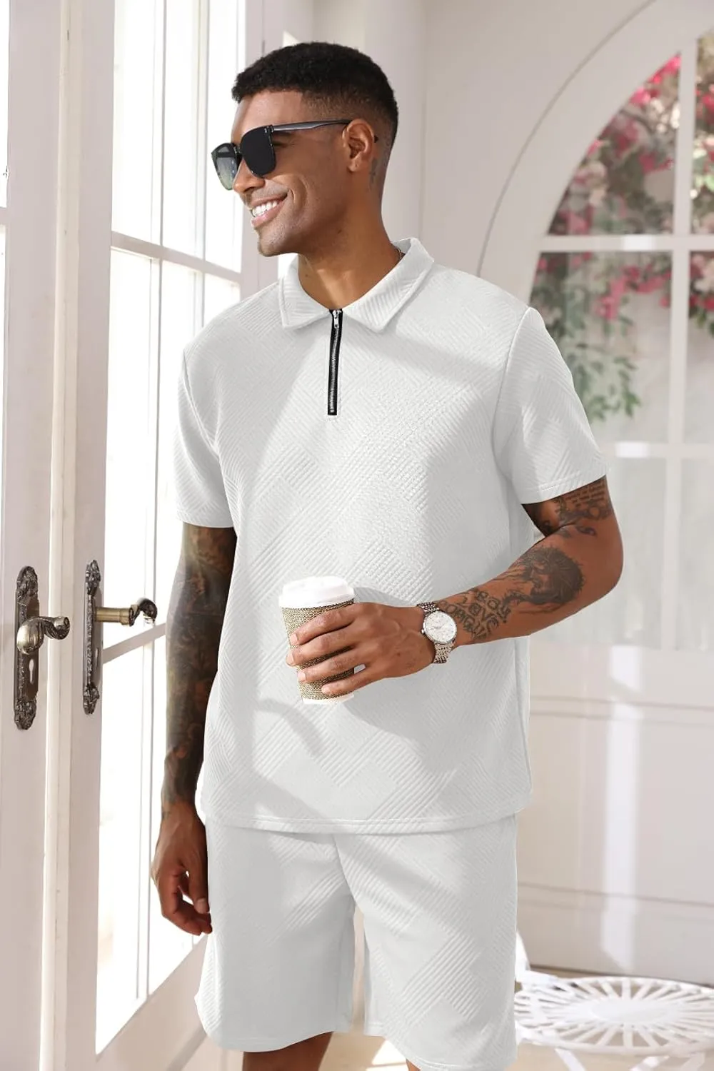 Aulemen Mens 2 Piece Zip Tracksuit Short Sleeve Print Polo Shirt and Shorts Sets Summer Outfits for Men