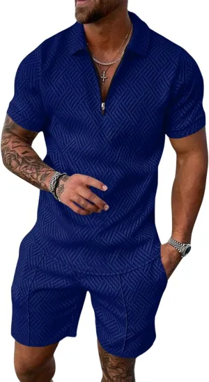 Aulemen Mens 2 Piece Zip Tracksuit Short Sleeve Print Polo Shirt and Shorts Sets Summer Outfits for Men
