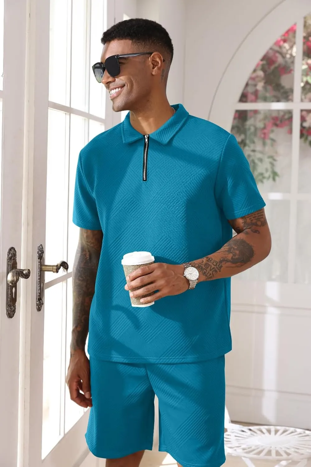 Aulemen Mens 2 Piece Zip Tracksuit Short Sleeve Print Polo Shirt and Shorts Sets Summer Outfits for Men