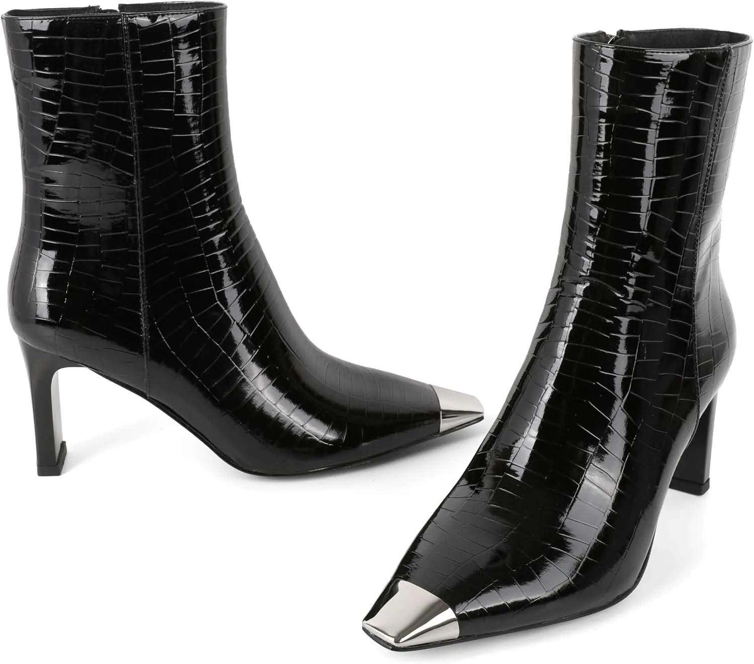 AUMOTED Women's Chunky High Heel Ankle Booties Silver Cap Square Toe Boots Side Zipper Fashion Short Boots 3.5 Inch