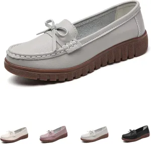 AUNTHUI Women's Leather Low Wedge Loafers,Slip On Dress Shoes,Hollow Out Breathable Soft Comfortable Walking Casual Driving Penny Shoes