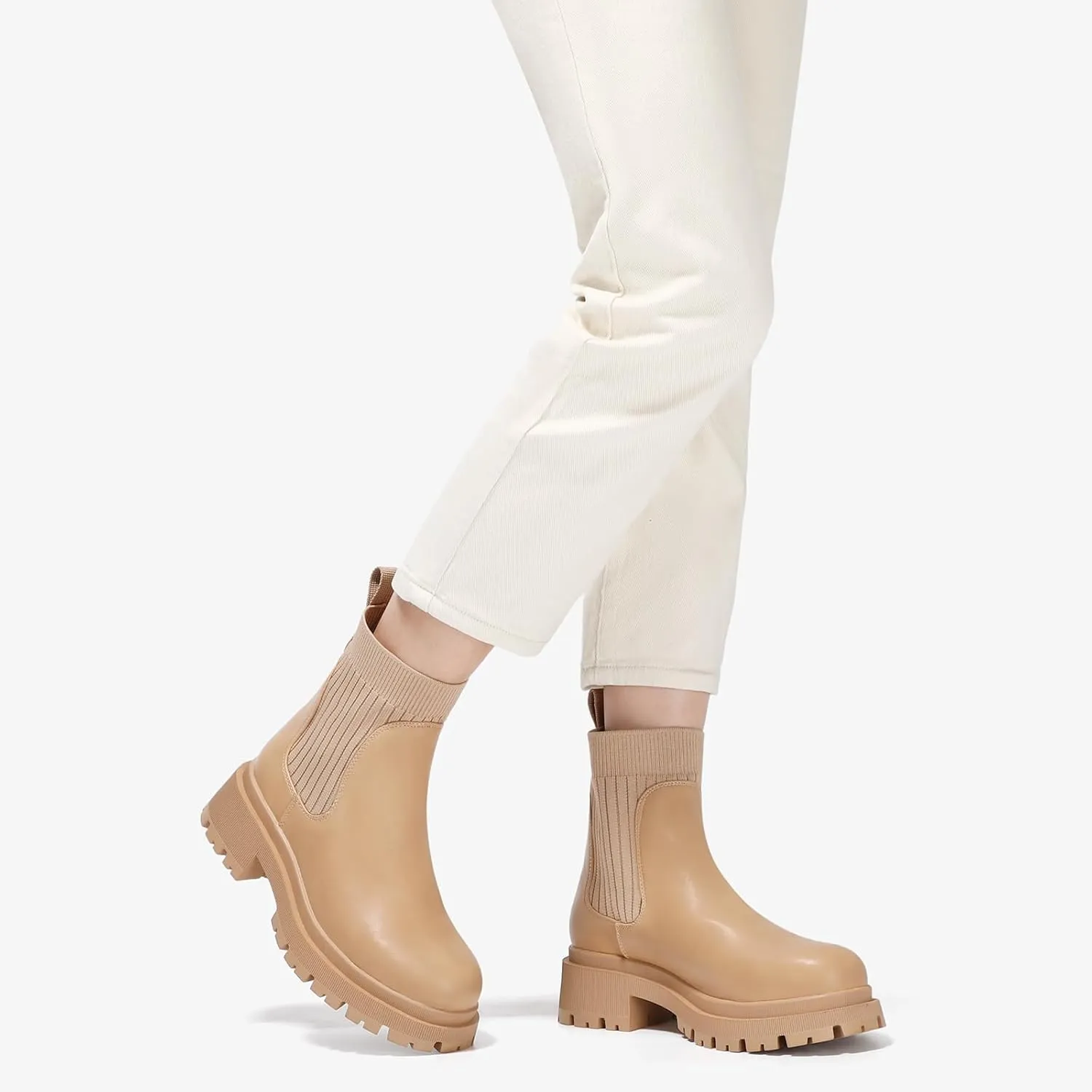 Bacia Women's Chelsea Boots Fashion Ankle Boots Comfort Platform Elastic Chunky Boots wite Lug Sole