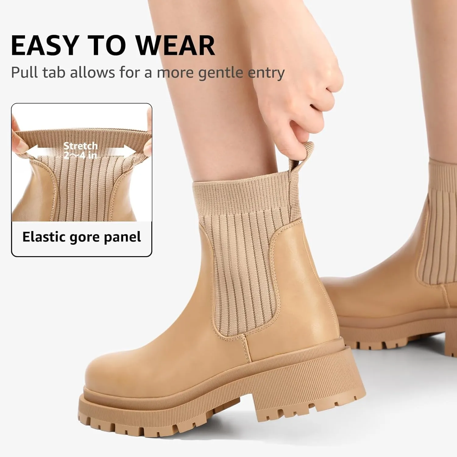 Bacia Women's Chelsea Boots Fashion Ankle Boots Comfort Platform Elastic Chunky Boots wite Lug Sole