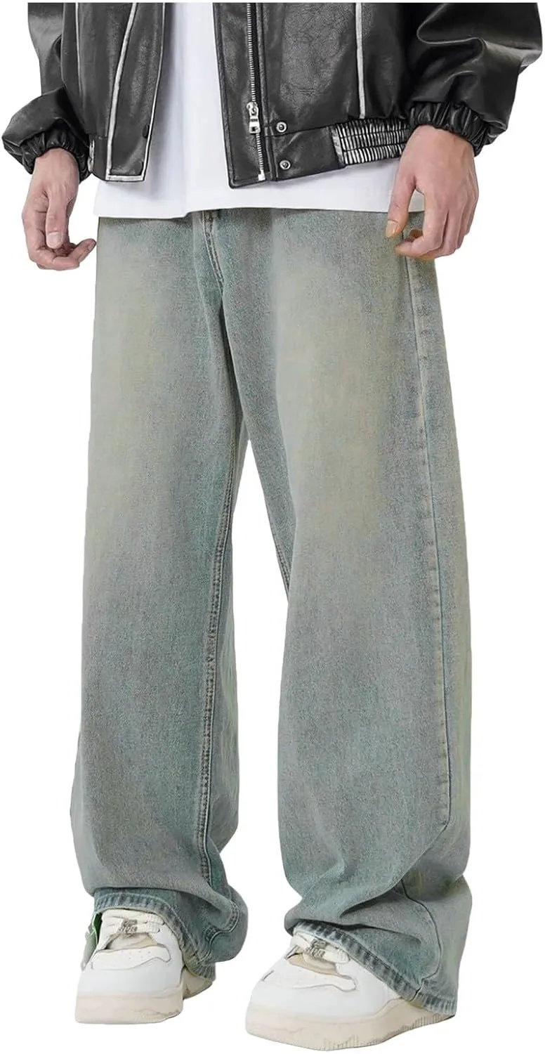 Baggy Jeans for Men - Y2K Skater Vintage Plain Pants 2024, Casual Wide Leg Jeans Loose Fit Denim Hip Hop Jeans