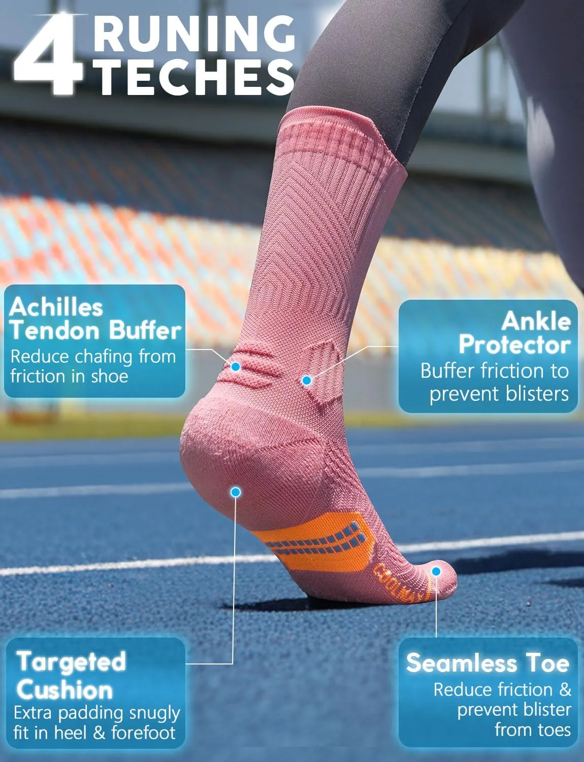 Bamboo Viscose Compression Running Crew Socks, Coolmax Moisture-Wicking Anti-Blister Hiking&Gym Athletic Socks