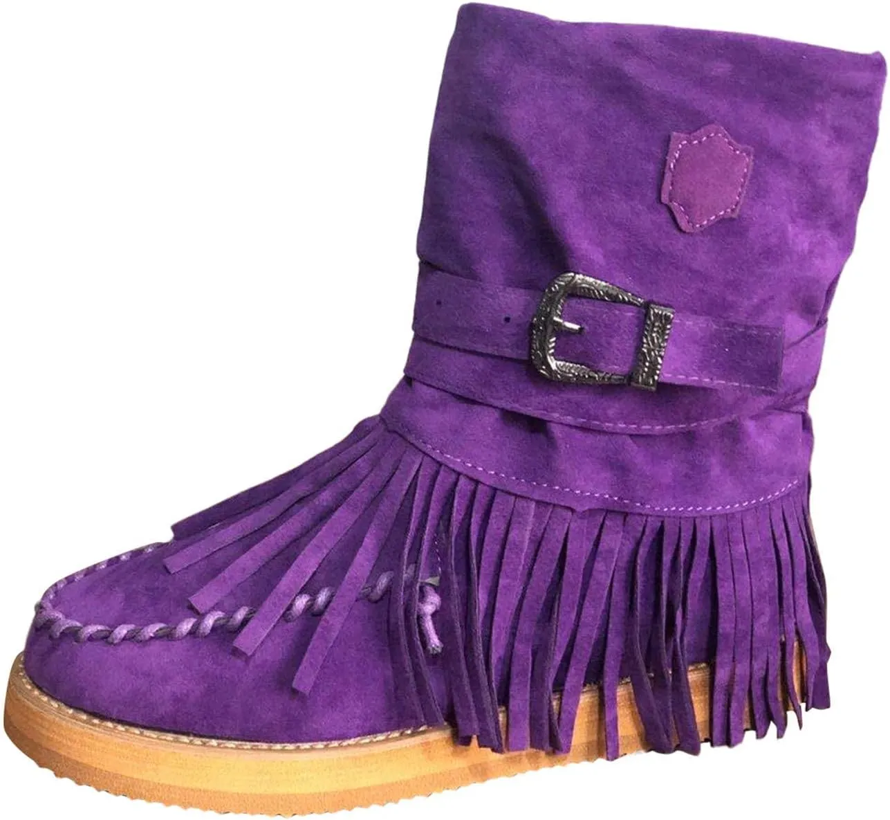 Bcshiye Tassel Boots for Women Moccasin Suede Ankle Booties Winter Round Toe Vintage Buckle Strap Mid-Calf Flat Shoes