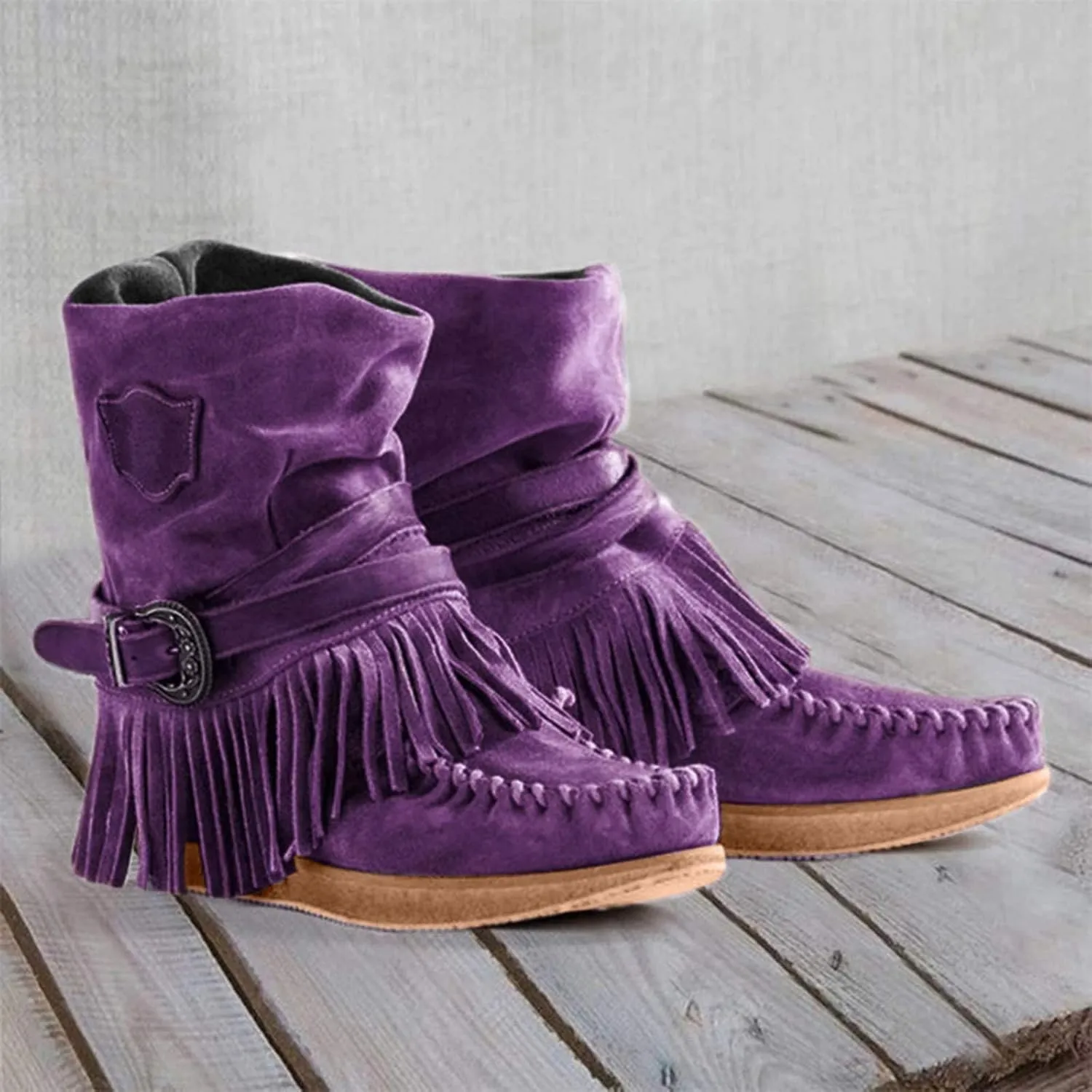 Bcshiye Tassel Boots for Women Moccasin Suede Ankle Booties Winter Round Toe Vintage Buckle Strap Mid-Calf Flat Shoes