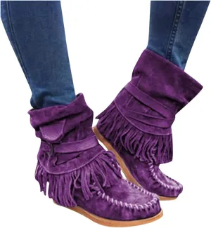 Bcshiye Tassel Boots for Women Moccasin Suede Ankle Booties Winter Round Toe Vintage Buckle Strap Mid-Calf Flat Shoes
