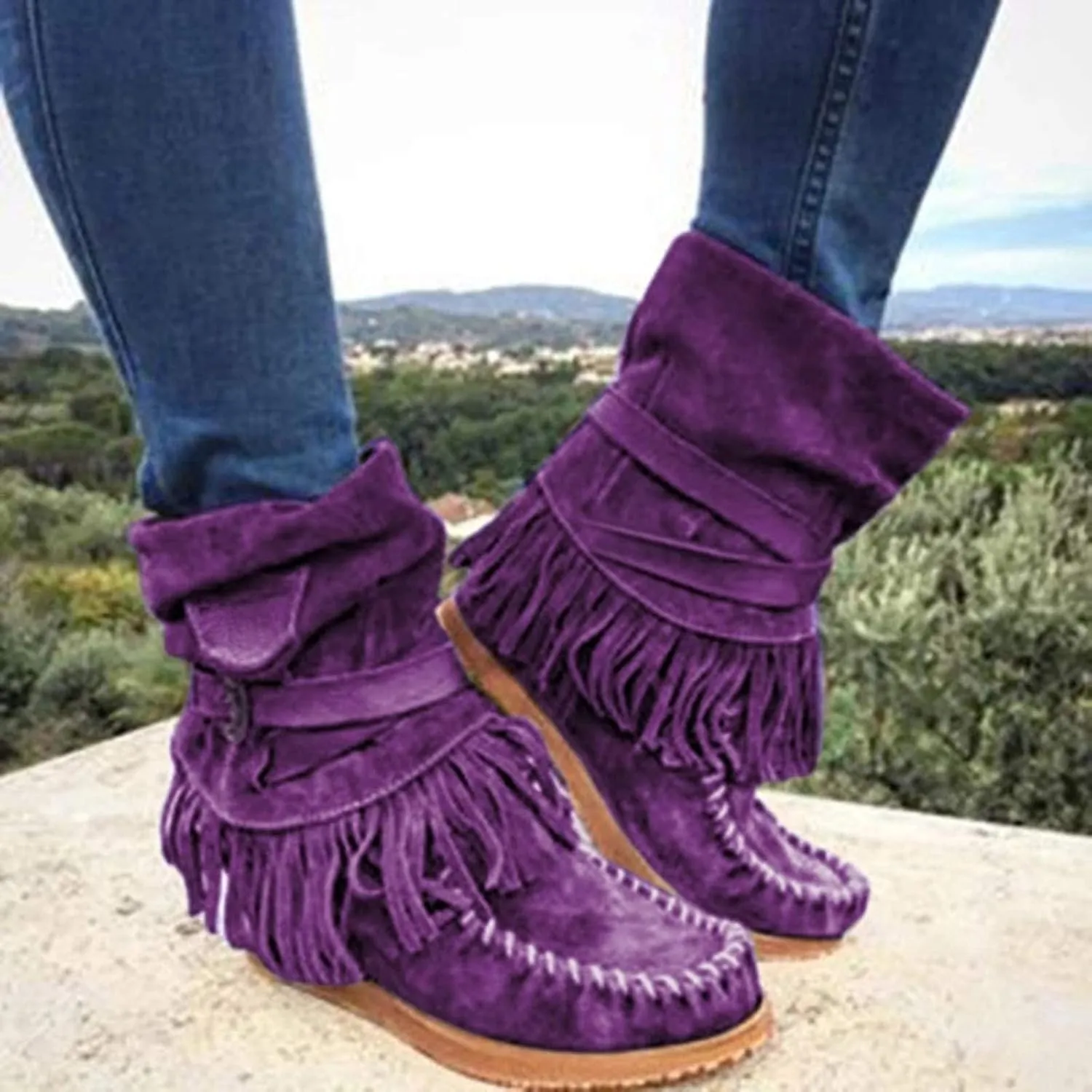 Bcshiye Tassel Boots for Women Moccasin Suede Ankle Booties Winter Round Toe Vintage Buckle Strap Mid-Calf Flat Shoes