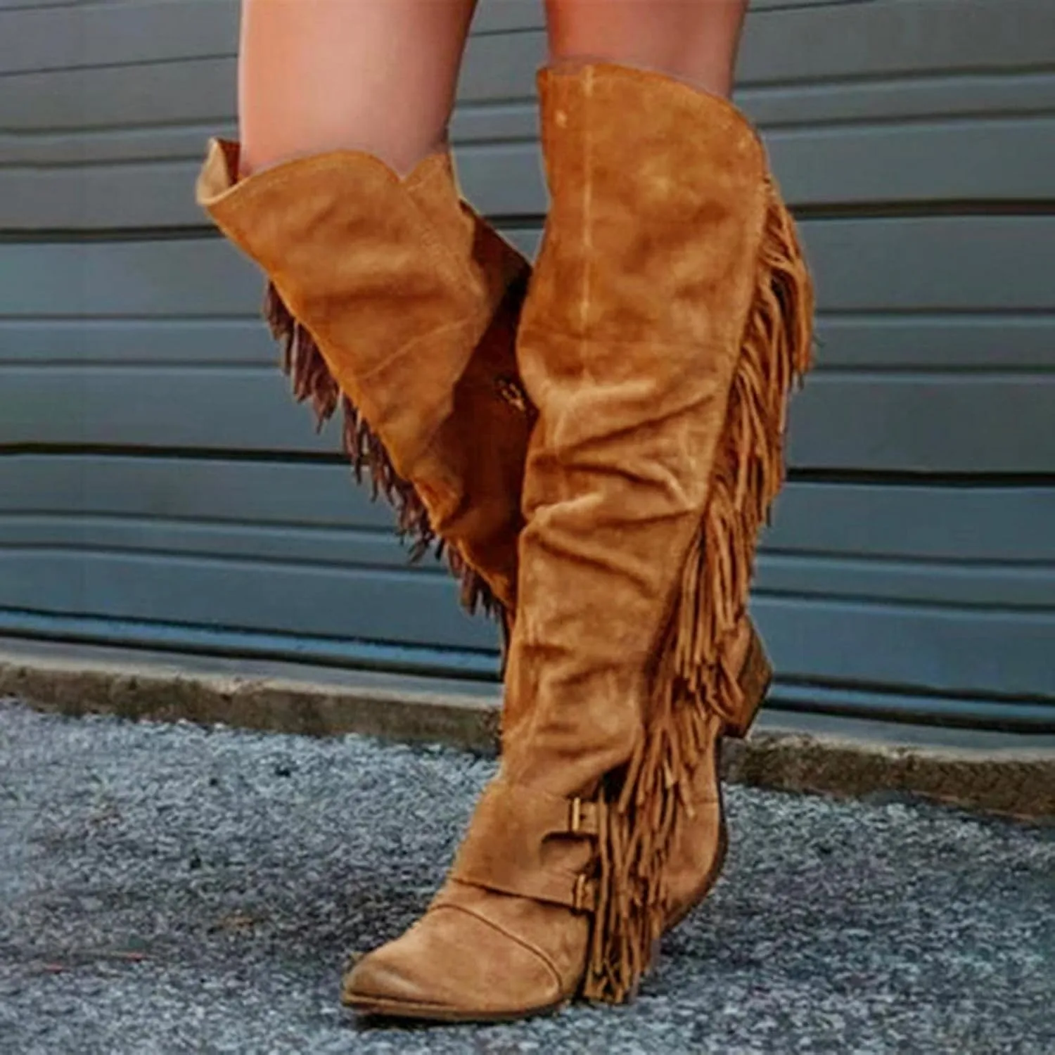 Bcshiye Women's Knee High Boots Casual Over The Knee Retro Tassel Moccasin Square Low Heel Zipper Western Long Booties